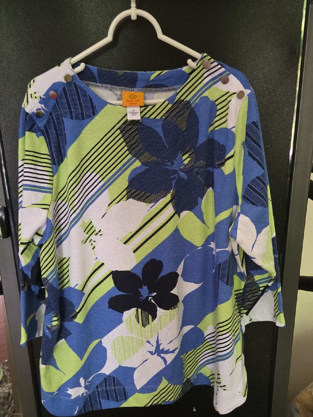 Ruby Rd. Blue & Lime Floral Stripe Tunic with Button Shoulder